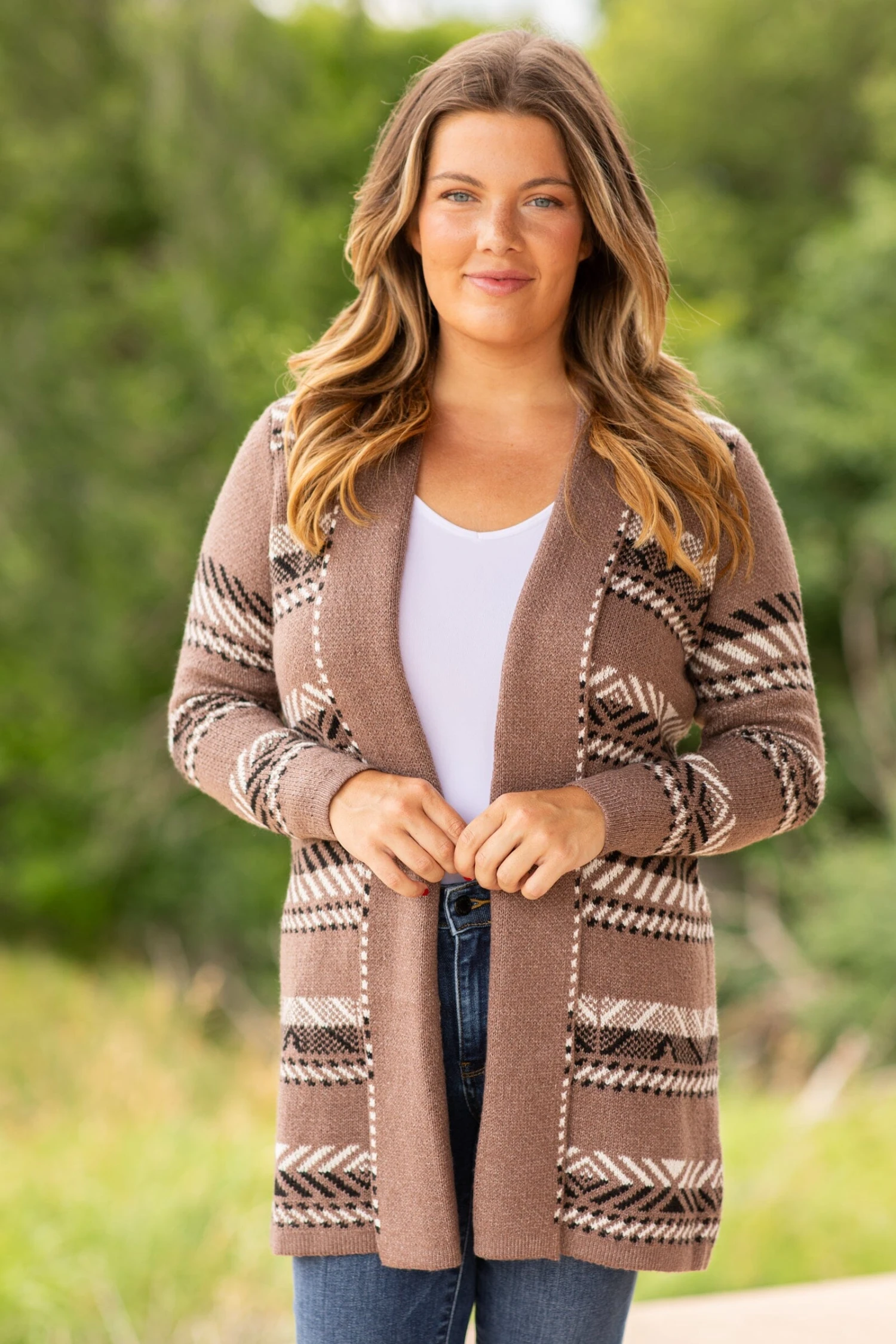 STACCATO Mocha And Off White Aztec Stripe Cardigan - Image 2