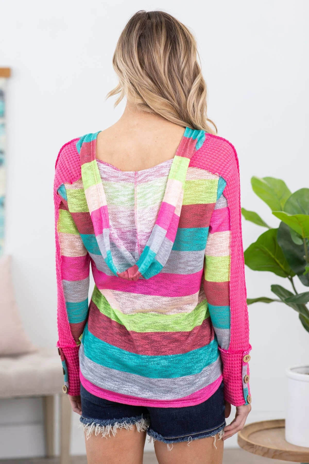 Turquoise Multicolor Stripe Hooded Top - Image 3
