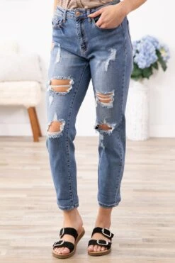 Medium Wash Cuffed Boyfriend Fit Jeans