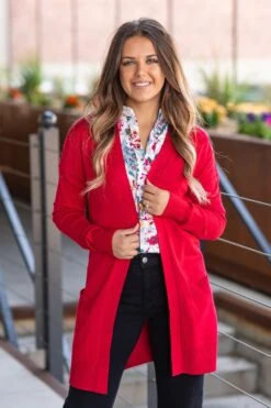 Red Lightweight Mid Length Cardigan