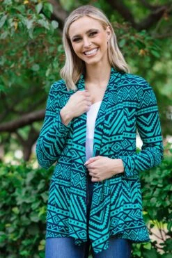 Turquoise And Navy Aztec Print Cardigan