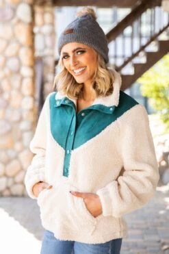 Ivory And Teal Sherpa 1/4 Snap Pullover