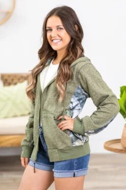 Olive Full Zip Sweatshirt With Camo