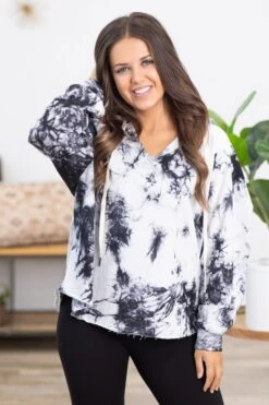 Charcoal And Off White Tie Dye Hooded Top