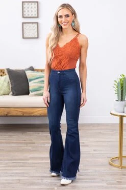 Cello High Rise Fray Hem Flare Jeans