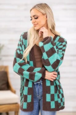 Brown And Turquoise Checkerboard Cardigan