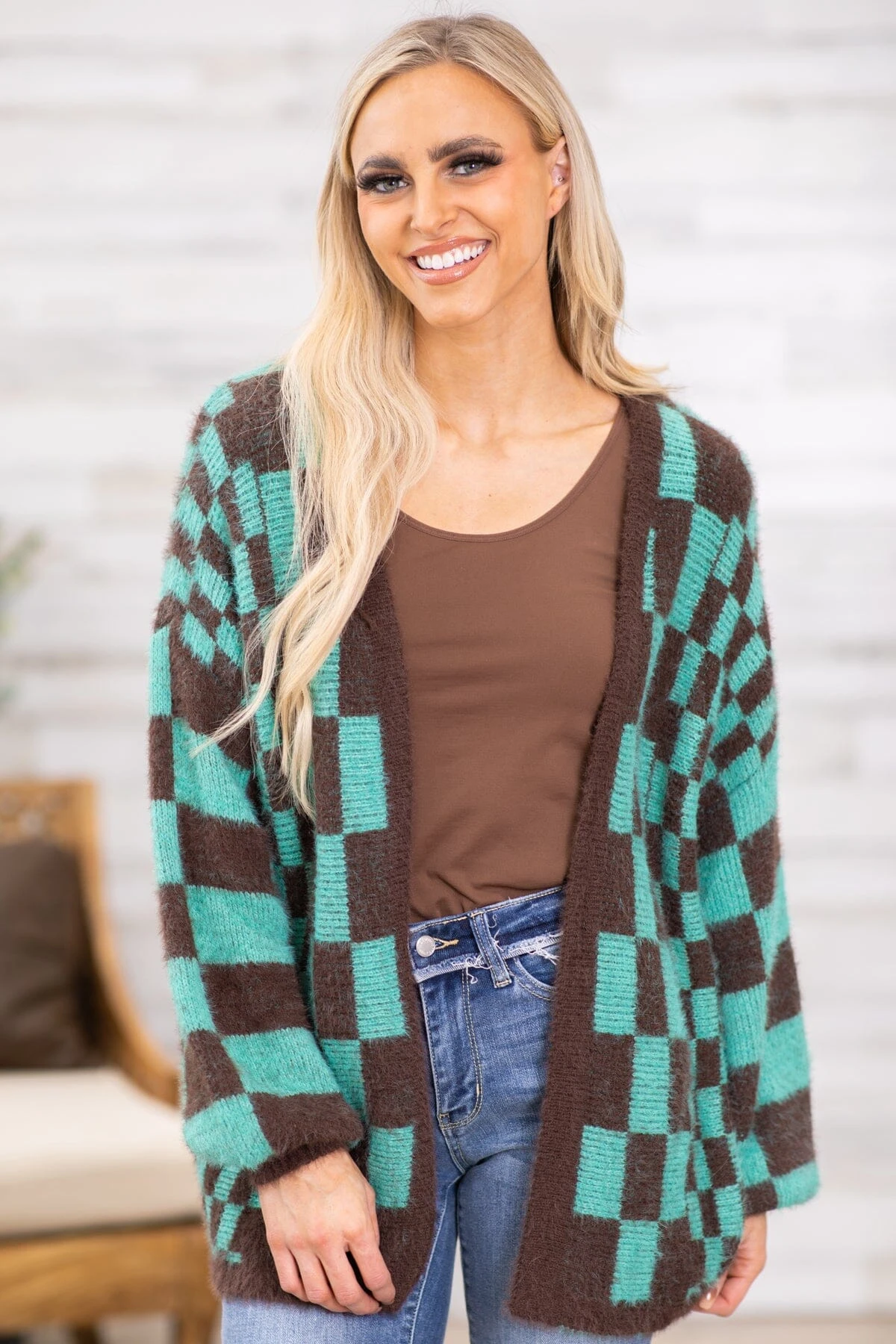 Brown And Turquoise Checkerboard Cardigan - Image 2