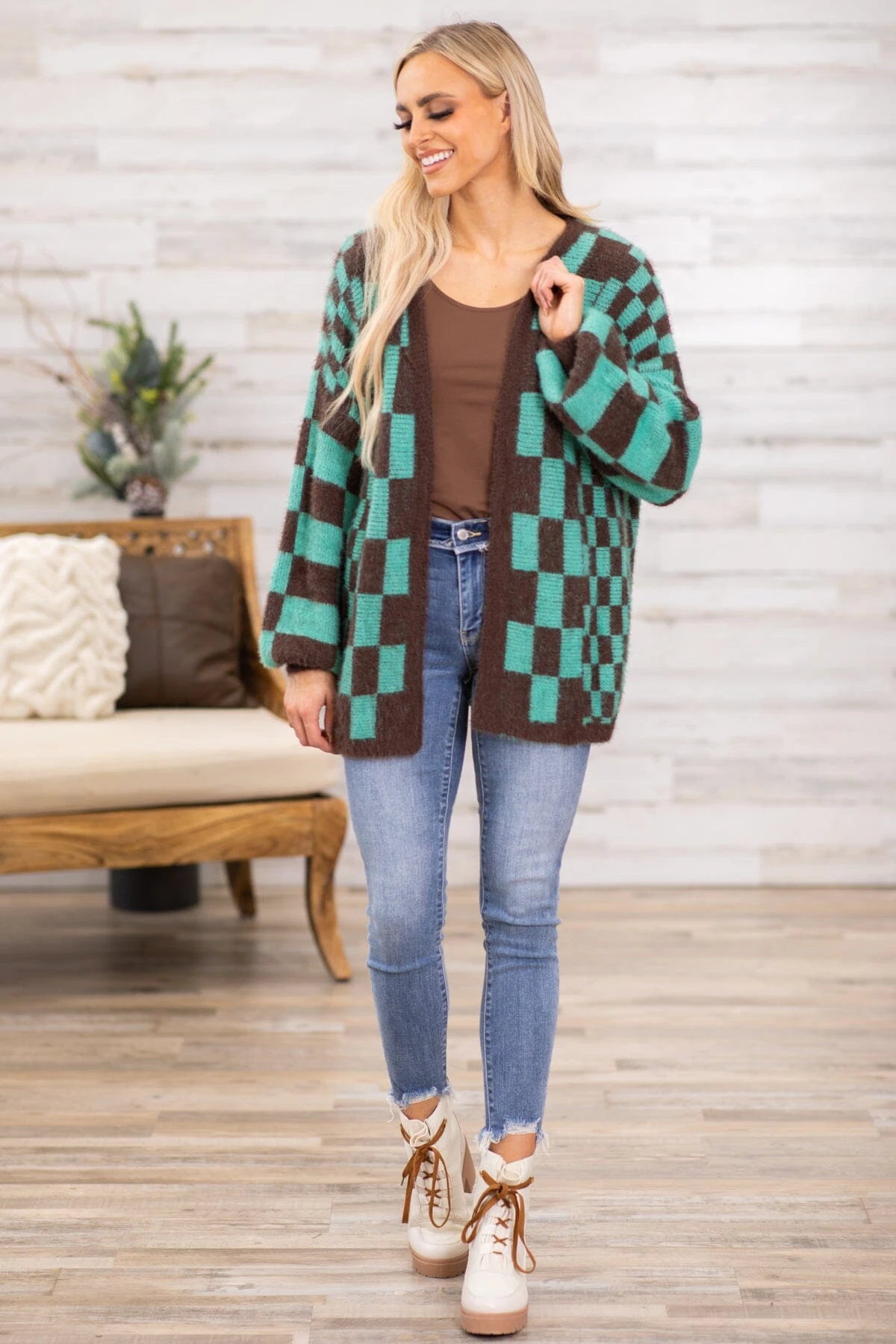 Brown And Turquoise Checkerboard Cardigan - Image 3