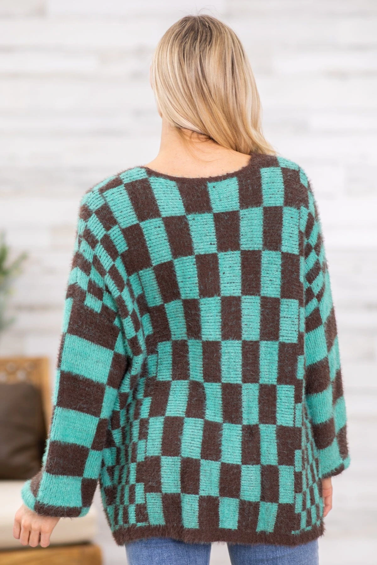 Brown And Turquoise Checkerboard Cardigan - Image 4