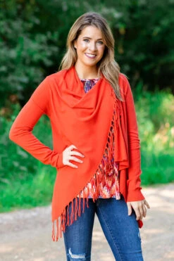 Rust Fringe Trim Cardigan