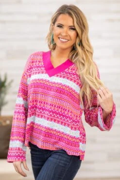 Hot Pink And Yellow Aztec Print-V-Neck Sweater