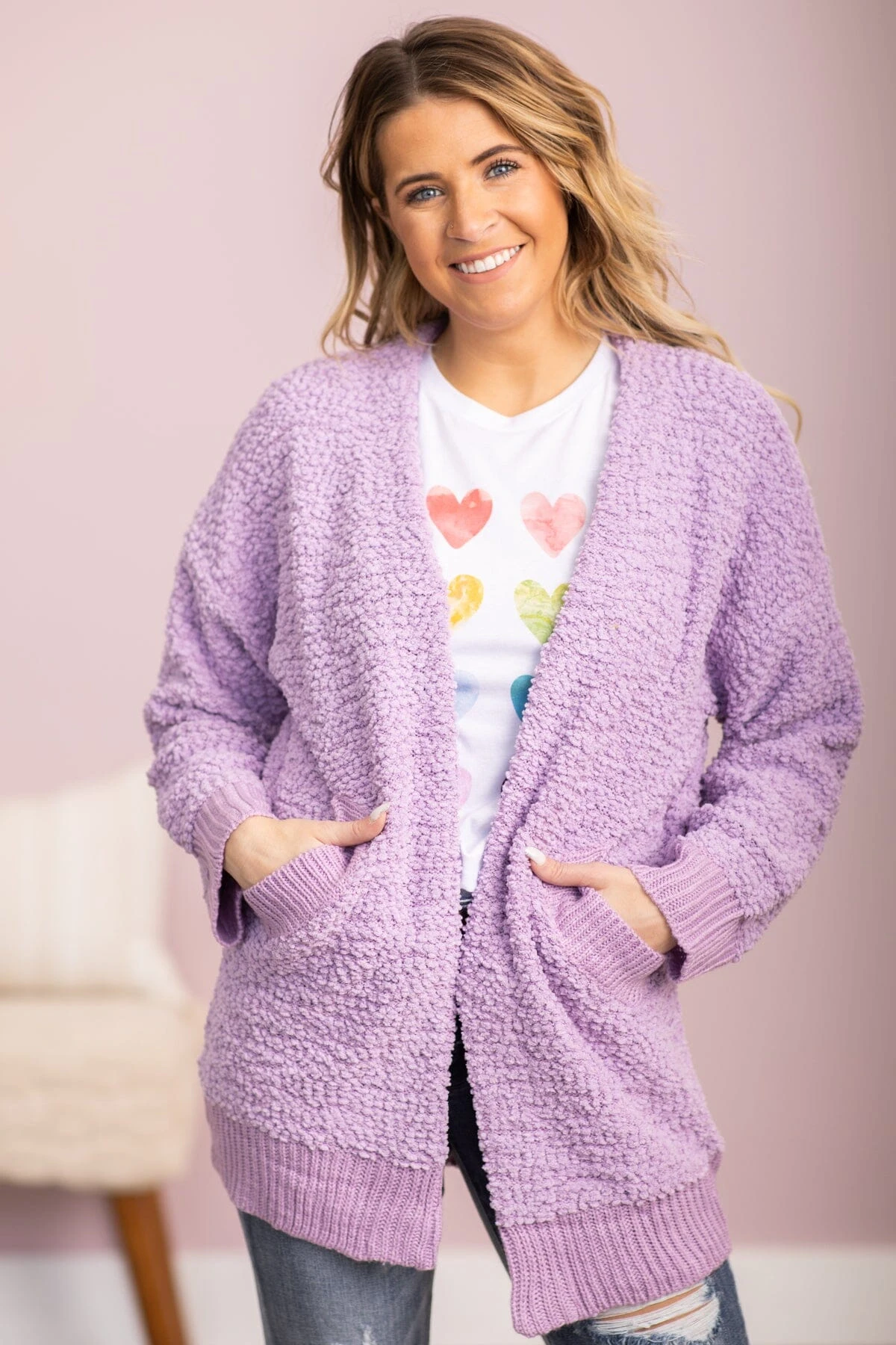 Lavender Rib Trim Mid Length Cardigan