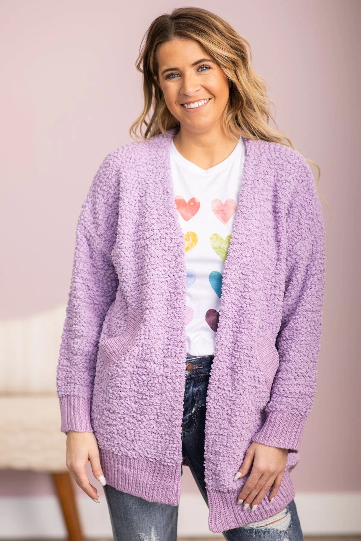 Lavender Rib Trim Mid Length Cardigan - Image 2