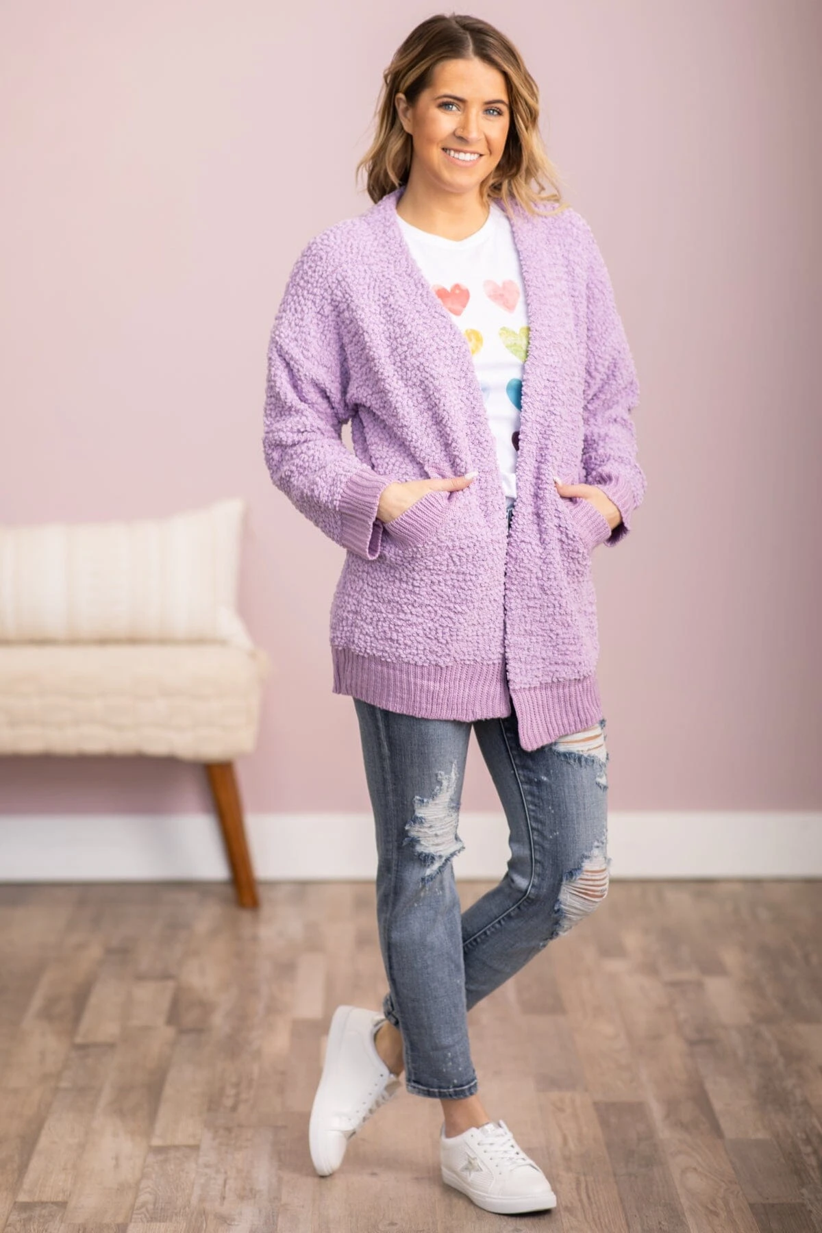 Lavender Rib Trim Mid Length Cardigan - Image 3