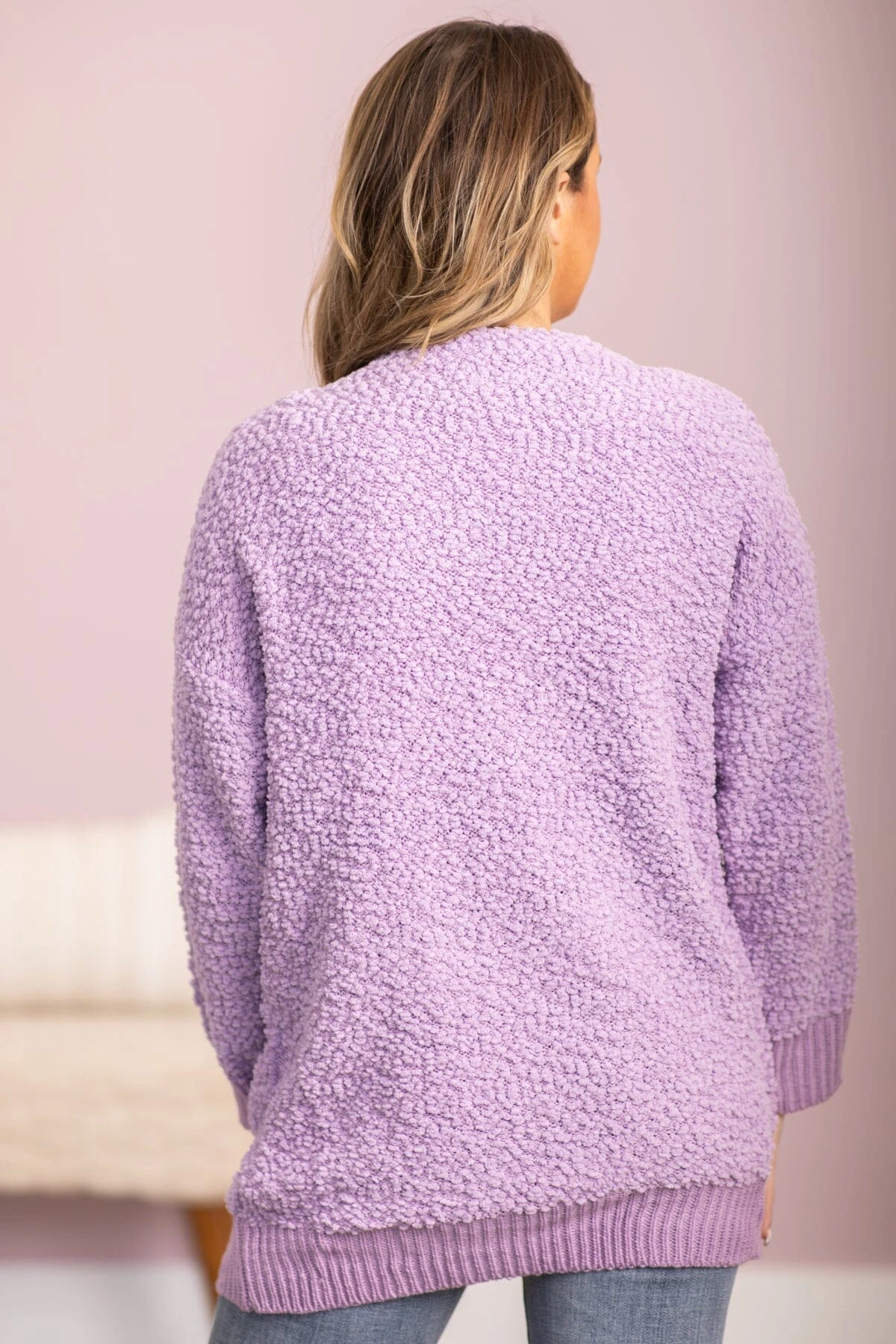 Lavender Rib Trim Mid Length Cardigan - Image 4