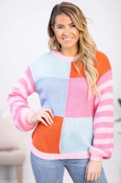 Pink And Blue Colorblock Stripe Sleeve Sweater